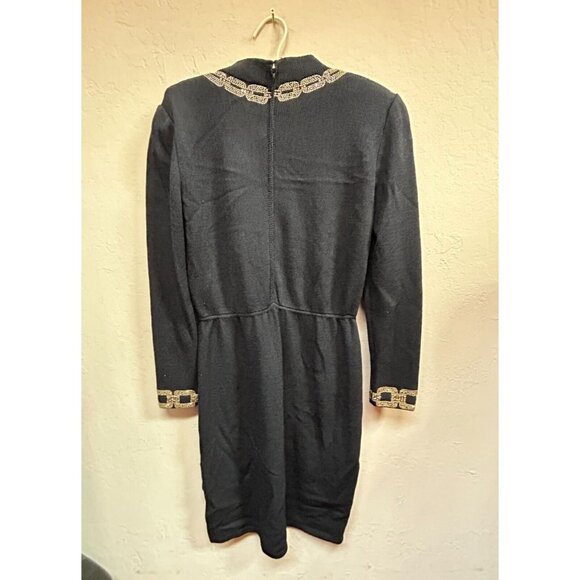 St. John Evening Knit Mini Sheath Sweater Dress Sz 2 Mock Neck Embellished Black - Picture 2 of 12